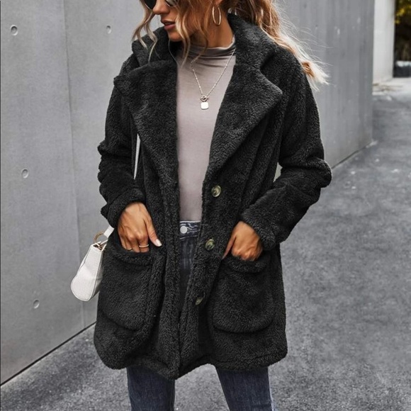 Black comfy button pocket teddy jacket coat - Picture 3 of 14